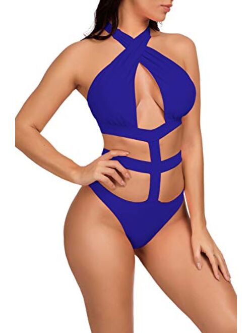 Viottiset Women's Sexy Bandage Criss Cross One Piece Cutout Halter Monokini Swimsuit Bathing Suit Swimwear