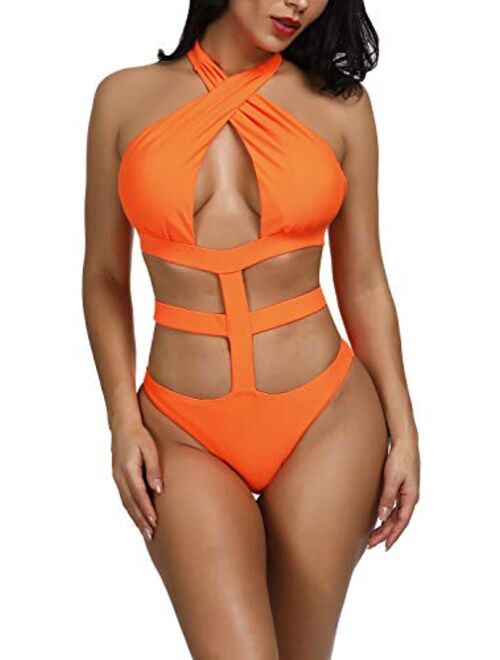 Viottiset Women's Sexy Bandage Criss Cross One Piece Cutout Halter Monokini Swimsuit Bathing Suit Swimwear