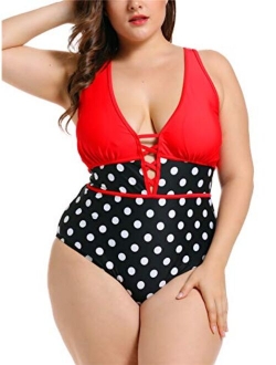 Women's Black Sexy Plus Size Rosa Floral Print One Piece Swimsuit,Plunge Neckline with Lace Up Detail Swimwear