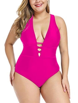 Women's Black Sexy Plus Size Rosa Floral Print One Piece Swimsuit,Plunge Neckline with Lace Up Detail Swimwear