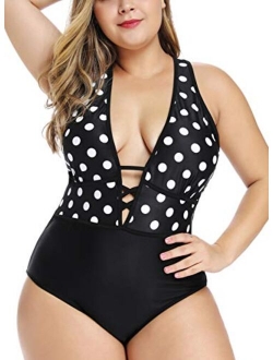 Women's Black Sexy Plus Size Rosa Floral Print One Piece Swimsuit,Plunge Neckline with Lace Up Detail Swimwear