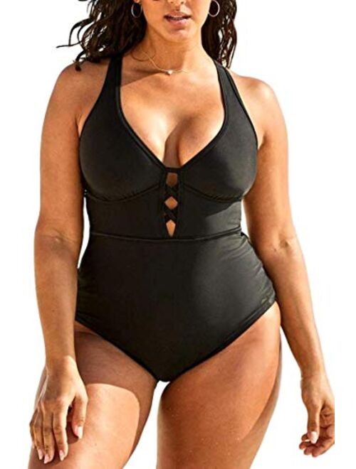 Women's Black Sexy Plus Size Rosa Floral Print One Piece Swimsuit,Plunge Neckline with Lace Up Detail Swimwear