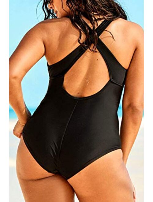 Women's Black Sexy Plus Size Rosa Floral Print One Piece Swimsuit,Plunge Neckline with Lace Up Detail Swimwear