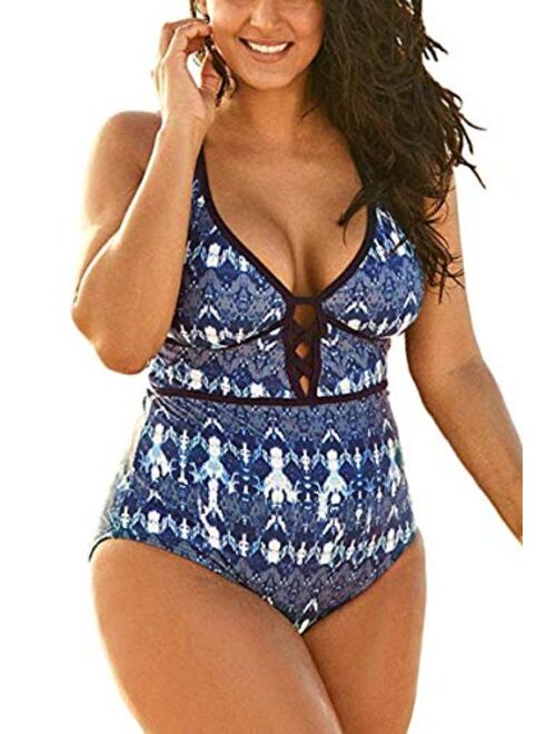 Women's Black Sexy Plus Size Rosa Floral Print One Piece Swimsuit,Plunge Neckline with Lace Up Detail Swimwear