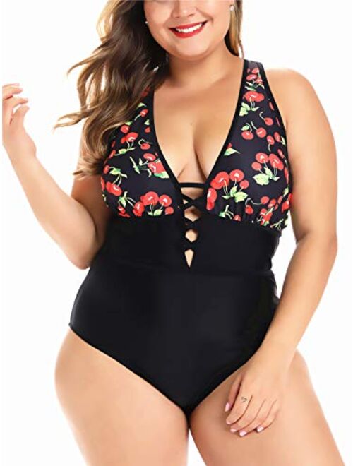 Women's Black Sexy Plus Size Rosa Floral Print One Piece Swimsuit,Plunge Neckline with Lace Up Detail Swimwear