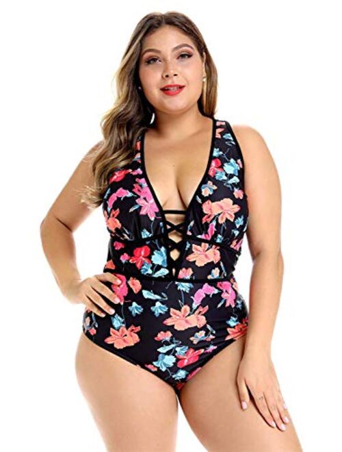 Women's Black Sexy Plus Size Rosa Floral Print One Piece Swimsuit,Plunge Neckline with Lace Up Detail Swimwear