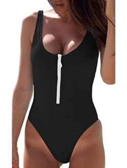 CHYRII Women Sexy Zipper Front Low Back High Cut One Piece Swimsuit Bathing Suit