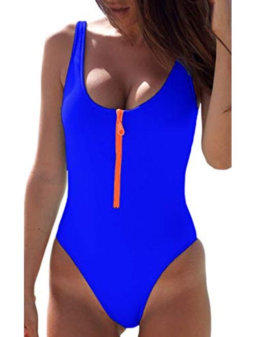 CHYRII Women Sexy Zipper Front Low Back High Cut One Piece Swimsuit Bathing Suit