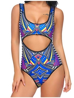 Qearal Women Cut Out Monokini Tribal Print High Waist Padded One Piece Swimsuit Tummy Control Swimwear