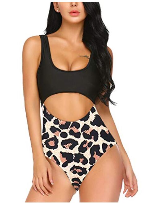 Qearal Women Cut Out Monokini Tribal Print High Waist Padded One Piece Swimsuit Tummy Control Swimwear