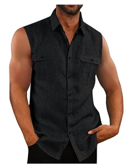 Bbalizko Mens Sleeveless Button Down Shirts Linen Cotton Summer Beach Basic Tank T-Shirt Tops