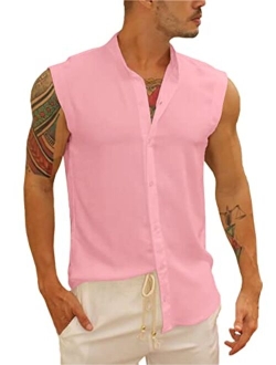 Bbalizko Mens Sleeveless Button Down Shirts Linen Cotton Summer Beach Basic Tank T-Shirt Tops