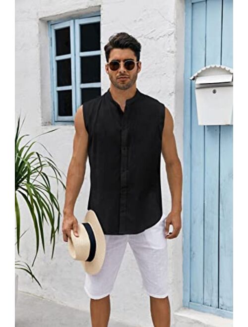 Bbalizko Mens Sleeveless Button Down Shirts Linen Cotton Summer Beach Basic Tank T-Shirt Tops