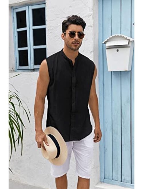 Bbalizko Mens Sleeveless Button Down Shirts Linen Cotton Summer Beach Basic Tank T-Shirt Tops