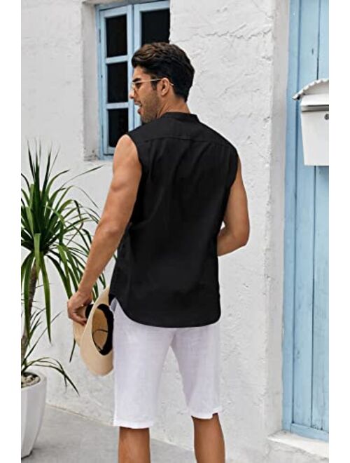 Bbalizko Mens Sleeveless Button Down Shirts Linen Cotton Summer Beach Basic Tank T-Shirt Tops