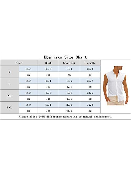 Bbalizko Mens Sleeveless Button Down Shirts Linen Cotton Summer Beach Basic Tank T-Shirt Tops