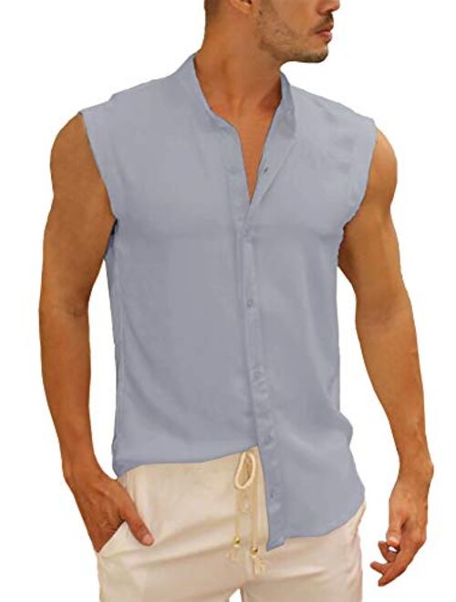 Bbalizko Mens Sleeveless Button Down Shirts Linen Cotton Summer Beach Basic Tank T-Shirt Tops