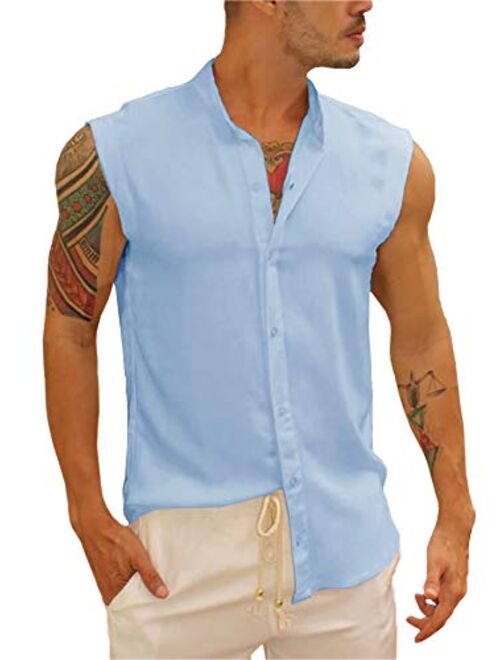 Bbalizko Mens Sleeveless Button Down Shirts Linen Cotton Summer Beach Basic Tank T-Shirt Tops