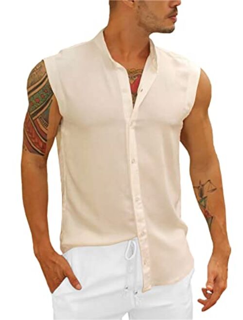 Bbalizko Mens Sleeveless Button Down Shirts Linen Cotton Summer Beach Basic Tank T-Shirt Tops