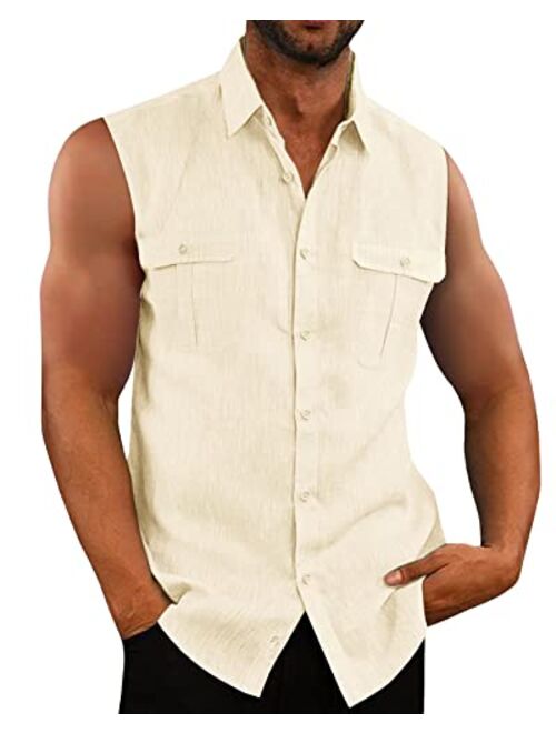 Bbalizko Mens Sleeveless Button Down Shirts Linen Cotton Summer Beach Basic Tank T-Shirt Tops