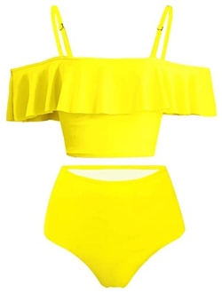 Kaei&Shi High Waisted Flounce Bikini Set,Tummy Control Swimsuits for Women,Off Shoulder