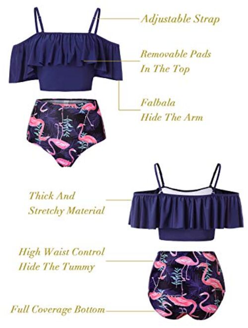 Kaei&Shi High Waisted Flounce Bikini Set,Tummy Control Swimsuits for Women,Off Shoulder