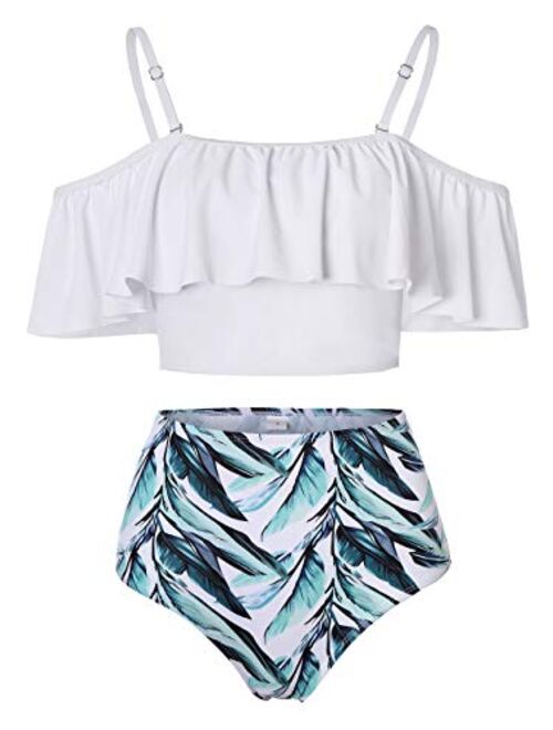 Kaei&Shi High Waisted Flounce Bikini Set,Tummy Control Swimsuits for Women,Off Shoulder