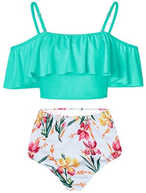 Kaei&Shi High Waisted Flounce Bikini Set,Tummy Control Swimsuits for Women,Off Shoulder