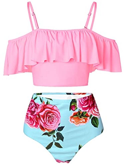 Kaei&Shi High Waisted Flounce Bikini Set,Tummy Control Swimsuits for Women,Off Shoulder