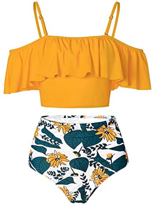 Kaei&Shi High Waisted Flounce Bikini Set,Tummy Control Swimsuits for Women,Off Shoulder