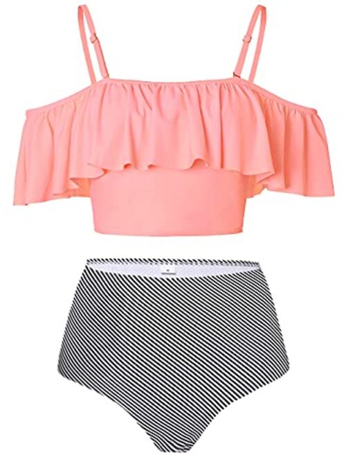 Kaei&Shi High Waisted Flounce Bikini Set,Tummy Control Swimsuits for Women,Off Shoulder