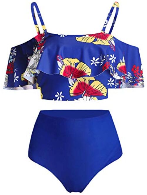 Kaei&Shi High Waisted Flounce Bikini Set,Tummy Control Swimsuits for Women,Off Shoulder