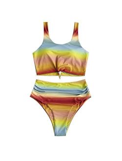 Women's Scoop Neck Knot Ruched Rainbow Tie Dye Two Pieces Swimsuit