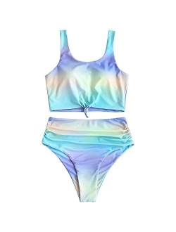 Women's Scoop Neck Knot Ruched Rainbow Tie Dye Two Pieces Swimsuit