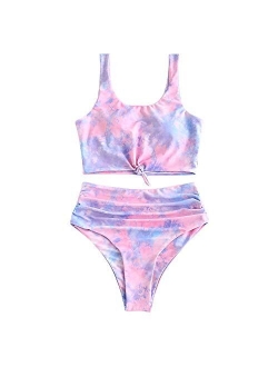 Women's Scoop Neck Knot Ruched Rainbow Tie Dye Two Pieces Swimsuit