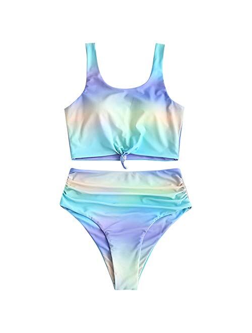 ZAFUL Women's Scoop Neck Knot Ruched Rainbow Tie Dye Two Pieces Swimsuit