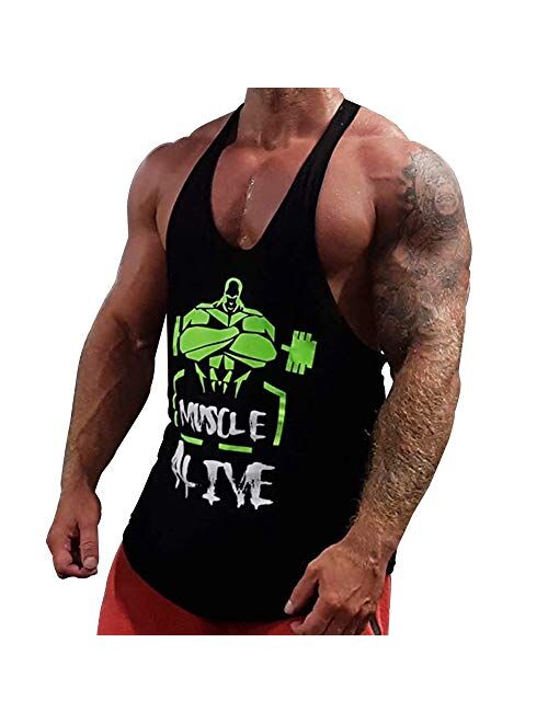 Muscle Alive Mens Bodybuilding Stringer Tank Tops Cotton Racerback Arch Hem