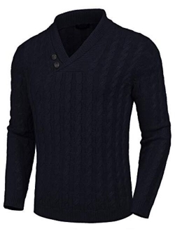 Men's Shawl Collar Pullover Sweater Slim Fit Casual Button Cable Knit Sweaters