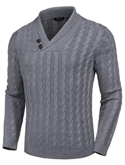 Men's Shawl Collar Pullover Sweater Slim Fit Casual Button Cable Knit Sweaters