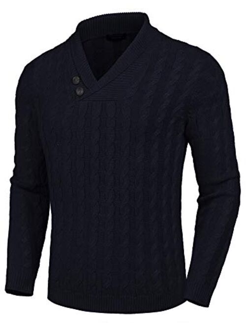 COOFANDY Men's Shawl Collar Pullover Sweater Slim Fit Casual Button Cable Knit Sweaters