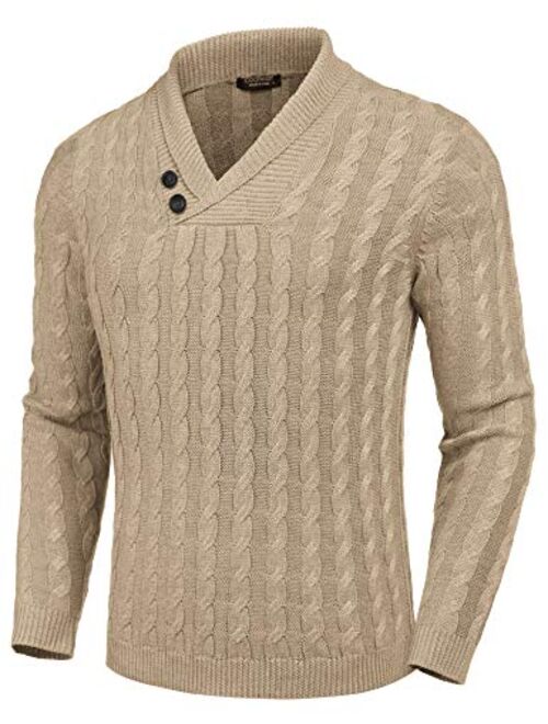 COOFANDY Men's Shawl Collar Pullover Sweater Slim Fit Casual Button Cable Knit Sweaters