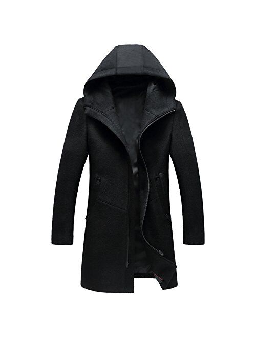 Guandoo Men's Hooded Wool Coat Classic Mid Long Stylish Trench Coat Winter Slim Fit Wool Jacket