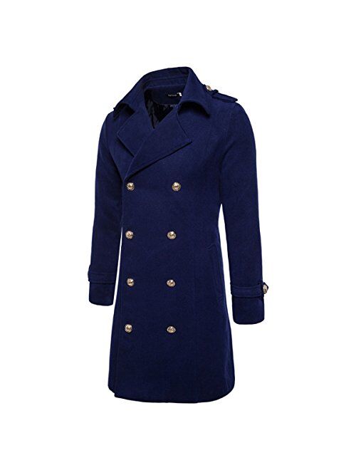 YUNCLOS Men's Trench Coat Long Wool Blend Slim Fit Jacket Winter Double Breasted Overcoat