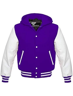 Letterman Baseball School College White Leather Sleeves Varsity Hoodie Jacket in Multi Color Wool