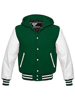 Letterman Baseball School College White Leather Sleeves Varsity Hoodie Jacket in Multi Color Wool