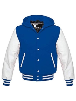 Letterman Baseball School College White Leather Sleeves Varsity Hoodie Jacket in Multi Color Wool