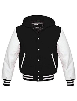 Letterman Baseball School College White Leather Sleeves Varsity Hoodie Jacket in Multi Color Wool