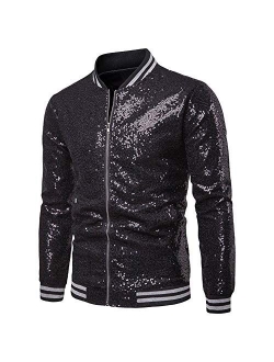 Mens Sequin Zipper Casual Blazer Top Metallic Party Bomber Jacket Coat