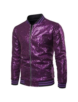 Mens Sequin Zipper Casual Blazer Top Metallic Party Bomber Jacket Coat