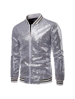 Mens Sequin Zipper Casual Blazer Top Metallic Party Bomber Jacket Coat